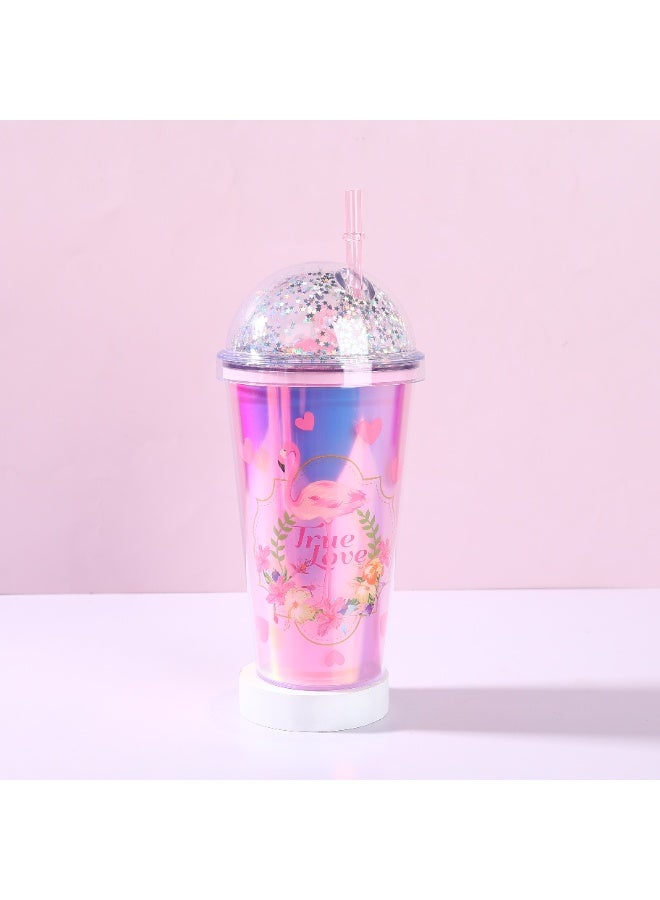 Flamingo Tumblers with 3D Tail & Glitter, Durable Flamingo Drinking Cup with Straw, Reusable Tumblers - Semi-Transparent - Double Walled Flamingo Tumblers